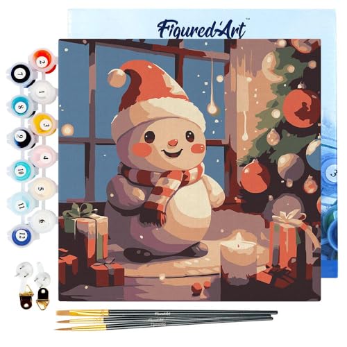 Figured'Art Mini Malen Nach Zahlen Erwachsene Mit Rahmen 20x20cm Kleines Format - Froher Schneemann im Raum - Paint by Numbers Basteln DIY Bastelset Leinwand gespannt auf Holzrahmen von Figured'Art