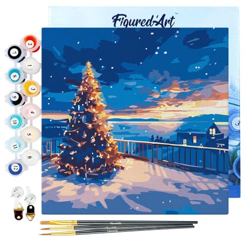 Figured'Art Mini Malen Nach Zahlen Erwachsene Mit Rahmen 20x20cm Kleines Format - Funkelnder Weihnachts-Sonnenuntergang - Paint by Numbers Basteln DIY Bastelset Leinwand gespannt auf Holzrahmen von Figured'Art