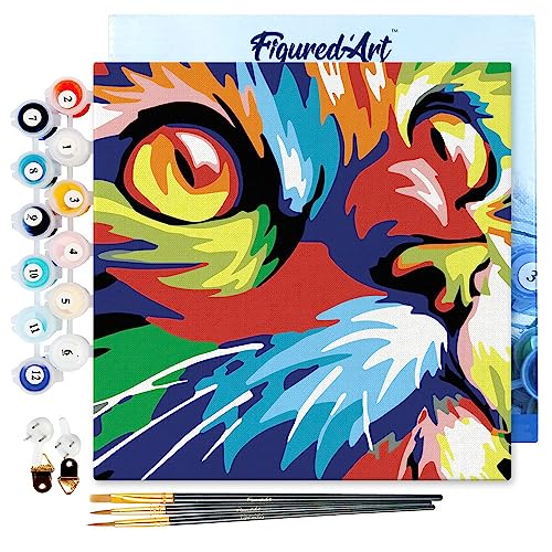 Figured'Art Mini Malen Nach Zahlen Erwachsene Mit Rahmen 20x20cm Kleines Format - Katze Pop Art - Paint by Numbers Basteln DIY Bastelset Leinwand gespannt auf Holzrahmen von Figured'Art