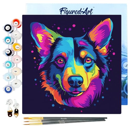 Figured'Art Mini Malen Nach Zahlen Erwachsene Mit Rahmen 20x20cm Kleines Format - Neon Hund Abstrakt Pop Art - Paint by Numbers Basteln DIY Bastelset Leinwand gespannt auf Holzrahmen von Figured'Art