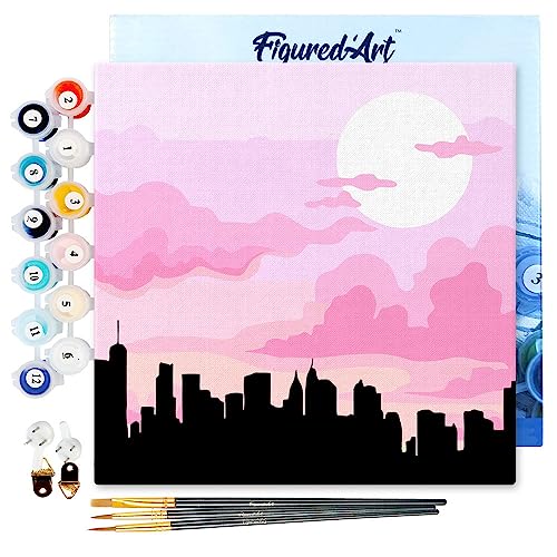 Figured'Art Mini Malen Nach Zahlen Erwachsene Mit Rahmen 20x20cm Kleines Format - New York unter einem rosa Himmel - Paint by Numbers Basteln DIY Bastelset Leinwand gespannt auf Holzrahmen von Figured'Art