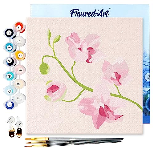 Figured'Art Mini Malen Nach Zahlen Erwachsene Mit Rahmen 20x20cm Kleines Format - Orchideenzweig - Paint by Numbers Basteln DIY Bastelset Leinwand gespannt auf Holzrahmen von Figured'Art