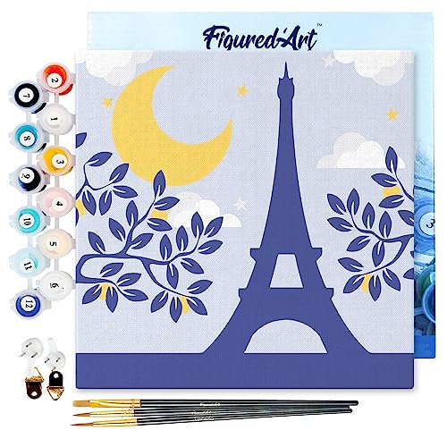 Figured'Art Mini Malen Nach Zahlen Erwachsene Mit Rahmen 20x20cm Kleines Format - Paris unter dem Mond - Paint by Numbers Basteln DIY Bastelset Leinwand gespannt auf Holzrahmen von Figured'Art