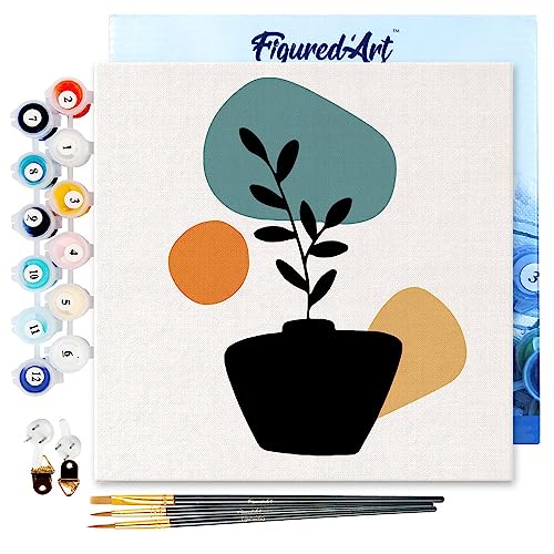 Figured'Art Mini Malen Nach Zahlen Erwachsene Mit Rahmen 20x20cm Kleines Format - Pflanze und Schwarzer Topf - Paint by Numbers Basteln DIY Bastelset Leinwand gespannt auf Holzrahmen von Figured'Art