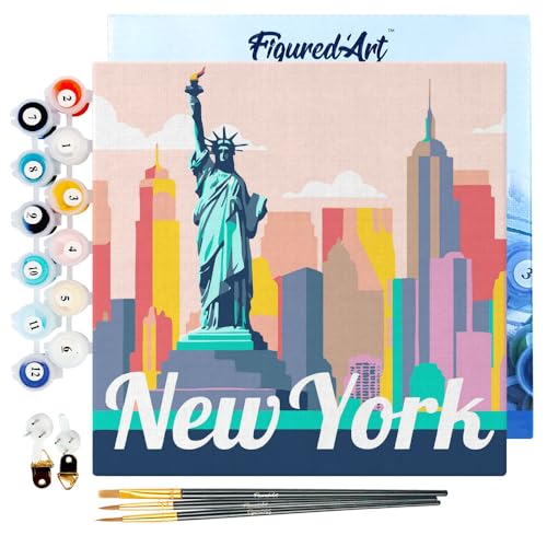 Figured'Art Mini Malen Nach Zahlen Erwachsene Mit Rahmen 20x20cm Kleines Format - Reiseplakat Freiheitsstatur New York - Paint by Numbers Basteln DIY Bastelset Leinwand gespannt auf Holzrahmen von Figured'Art