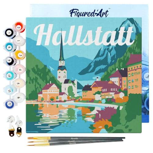 Figured'Art Mini Malen Nach Zahlen Erwachsene Mit Rahmen 20x20cm Kleines Format - Reiseplakat Hallstatt - Paint by Numbers Basteln DIY Bastelset Leinwand gespannt auf Holzrahmen von Figured'Art