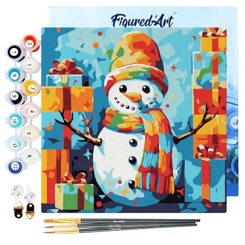 Figured'Art Mini Malen Nach Zahlen Erwachsene Mit Rahmen 20x20cm Kleines Format - Schneemann und Geschenke 2 - Paint by Numbers Basteln DIY Bastelset Leinwand gespannt auf Holzrahmen von Figured'Art