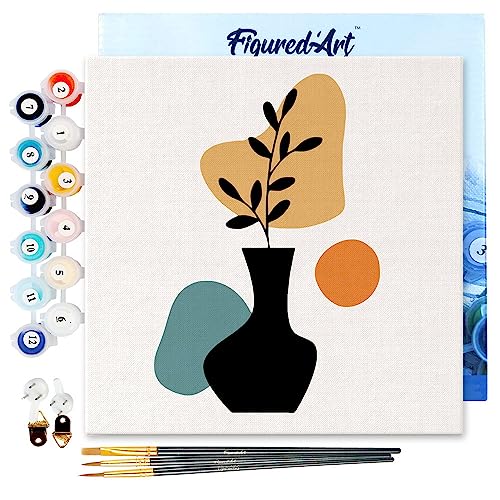 Figured'Art Mini Malen Nach Zahlen Erwachsene Mit Rahmen 20x20cm Kleines Format - Schwarze Pflanze und Vase - Paint by Numbers Basteln DIY Bastelset Leinwand gespannt auf Holzrahmen von Figured'Art