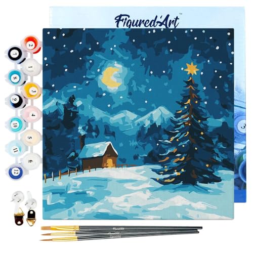 Figured'Art Mini Malen Nach Zahlen Erwachsene Mit Rahmen 20x20cm Kleines Format - Sternenklare Weihnachtsnacht - Paint by Numbers Basteln DIY Bastelset Leinwand gespannt auf Holzrahmen von Figured'Art