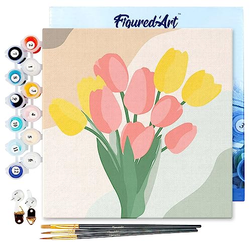 Figured'Art Mini Malen Nach Zahlen Erwachsene Mit Rahmen 20x20cm Kleines Format - Tulpenstrauß - Paint by Numbers Basteln DIY Bastelset Leinwand gespannt auf Holzrahmen von Figured'Art