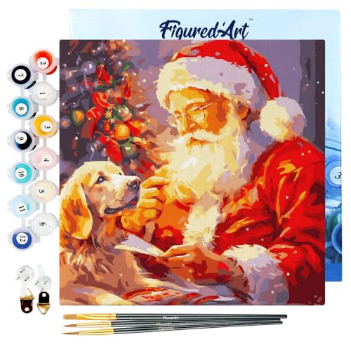 Figured'Art Mini Malen Nach Zahlen Erwachsene Mit Rahmen 20x20cm Kleines Format - Weihnachtsmann und Hund - Paint by Numbers Basteln DIY Bastelset Leinwand gespannt auf Holzrahmen von Figured'Art