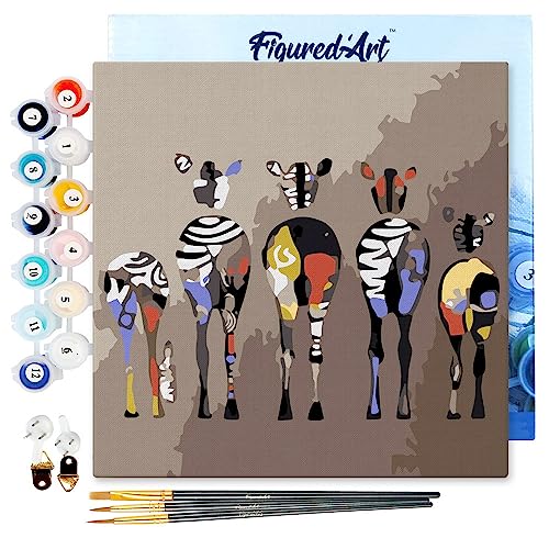 Figured'Art Mini Malen Nach Zahlen Erwachsene Mit Rahmen 20x20cm Kleines Format - Zebras von Hinten - Paint by Numbers Basteln DIY Bastelset Leinwand gespannt auf Holzrahmen von Figured'Art