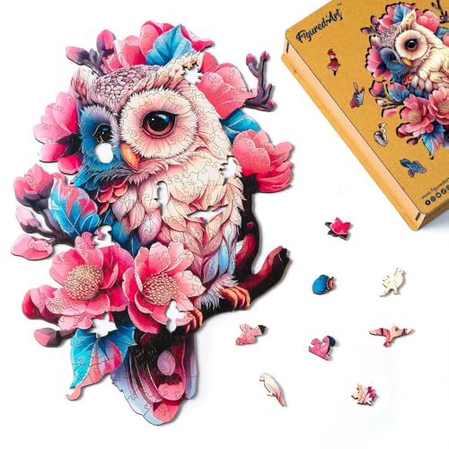 Figured'Art Puzzle aus Holz für Erwachsene und Kinder, 200 Teile, Tiere – Blumen-Eule – originelles Design, 28 x 39 cm, einzigartige Form mit Premium-Holzbox, perfekt zum Verschenken von Figured'Art