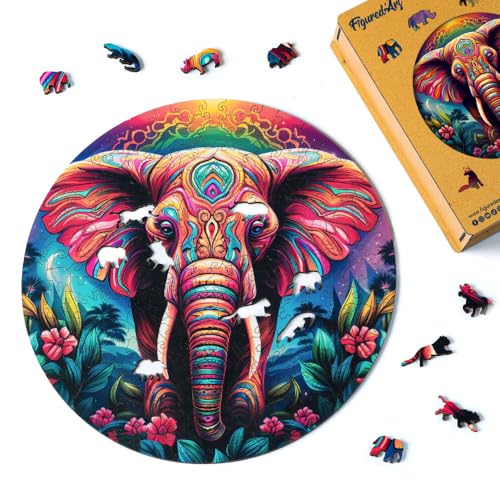 Figured'Art Puzzle aus Holz für Erwachsene und Kinder, 200 Teile, Tiere – Elefant Tribal – originelles Design, 28,5 x 28,5 cm, einzigartige Form mit Premium-Holzbox, perfekt zum Verschenken von Figured'Art