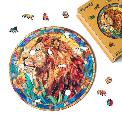 Figured'Art Puzzle aus Holz für Erwachsene und Kinder, 200 Teile, Tiere – Löwe Buntglas – originelles Design, 28,5 x 28,5 cm, einzigartige Form mit Premium-Holzbox, perfekt zum Verschenken von Figured'Art