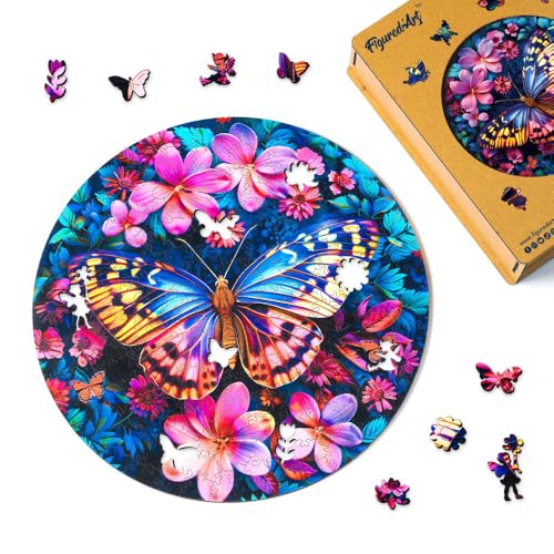 Figured'Art Holzpuzzle Erwachsene und Kinder 200 Teile Tiere - Schmetterling mit Blumen - Originelles Design 28,5x28,5 cm Einzigartige Form mit Premium-Holzkiste von Figured'Art