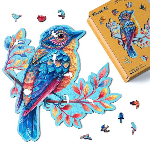 Figured'Art Puzzle aus Holz für Erwachsene und Kinder, 200 Teile, Tiere – blauer Vogel auf dem Ast – originelles Design, 31,2 x 32 cm, einzigartige Form mit Premium-Holzbox, perfekt zum Verschenken von Figured'Art