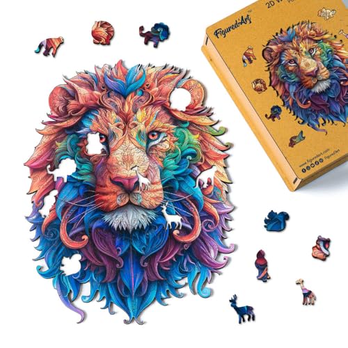 Figured'Art Puzzle aus Holz für Erwachsene und Kinder, 200 Teile, Tiere – vibrierender Löwe – originelles Design, 23,2 x 30,5 cm, einzigartige Form mit Premium-Holzbox, perfekt zum Verschenken von Figured'Art