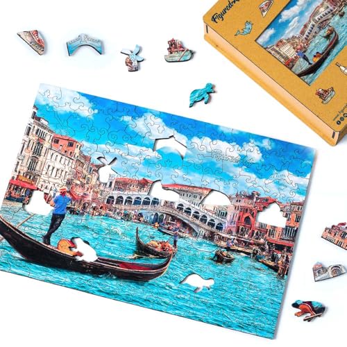 Figured'Art Puzzle aus Holz für Erwachsene und Kinder, 200 Teile – Der Kanal von Venedig – originelles Design, 32,5 x 22 cm, einzigartige Form mit Premium-Holzbox, perfekt zum Verschenken von Figured'Art