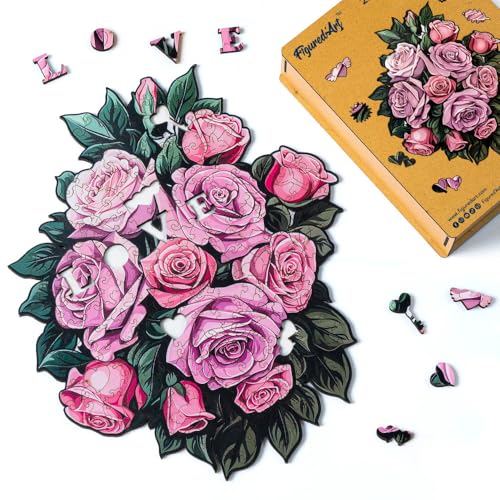 Figured'Art Holzpuzzle Erwachsene und Kinder 200 Teile - Rosa Rosenstrauß - Originelles Design 29x34,8 cm Einzigartige Form mit Premium-Holzkiste von Figured'Art