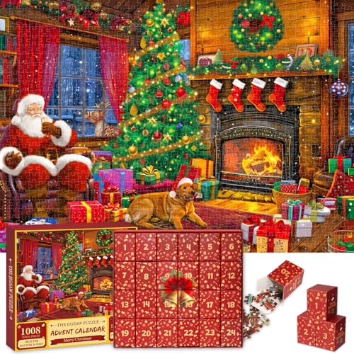 Adventskalender 2024 Weihnachtspuzzles - 1008 Teile Puzzle für Erwachsene 24 Tage Weihnachten Countdown Puzzles Familienkalender Gitfs für Kinder Jungen Mädchen Weihnachtsstrumpffüller Heimdekoration von Fikamd