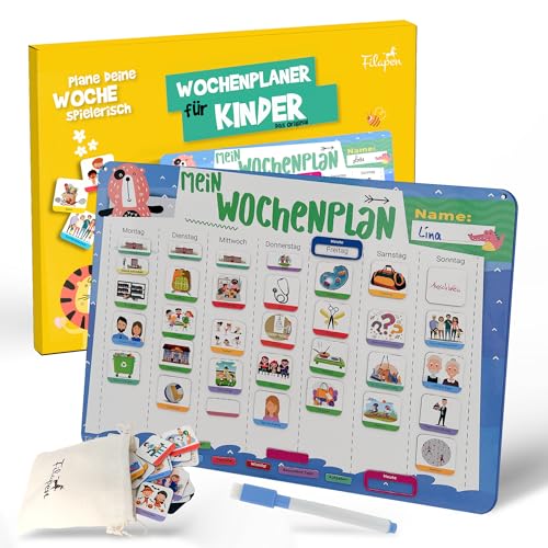 Filapen® Wochenplaner Kinder - Montessori Magnettafel inkl. 209 Magnete, Stoffbeutel, Stift & Kordel - Aufgabenplaner Komplett beschreib- und abwischbar - Fördert die Selbstständigkeit von Filapen