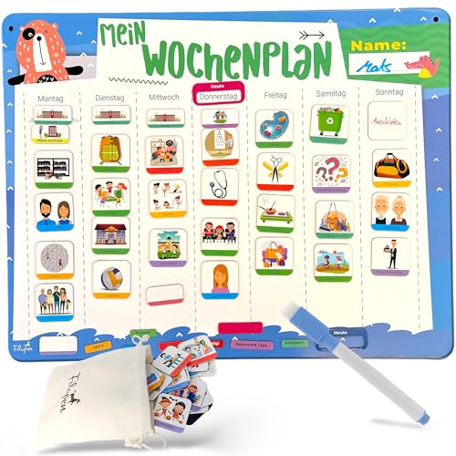 Filapen® Wochenplaner Kinder - Montessori Magnettafel inkl. 209 Magnete, Stoffbeutel, Stift & Kordel - Aufgabenplaner Komplett beschreib- und abwischbar - Fördert die Selbstständigkeit von Filapen