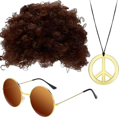 Männer Hippie-Kostümzubehör, Afro-Perücken-Sonnenbrille, Herrenhippie-Perücke, auffällige, langlebige, 15,5 cm, 13x13,5 cm, 50 cm für Erwachsene, von Filvczt