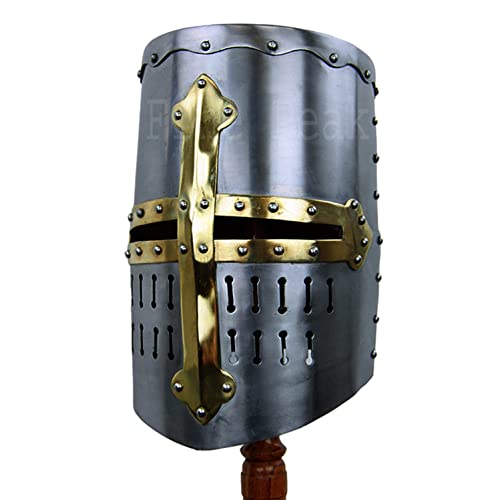 Fine Peak Mittelalter 13. Jahrhundert Großer Helm Messing Kreuz Wikinger Helm Ritterhelm Spartanhelm Mittelalter Rüstung Cosplay Helm Mittelalter Helm Kreuzritter Kostüm Römer von Fine Peak