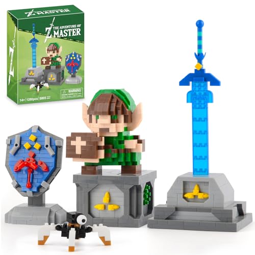 Finger Rock Link Figures Micro Bausteine Bausatz, 4 in 1 BOTW Besitz Master Schwert und Hylian Schild Dekorationen Modell, Ideen Geschenke Speziell für Spiel Modell Sammler Entworfen (1200 Stück) von Finger Rock