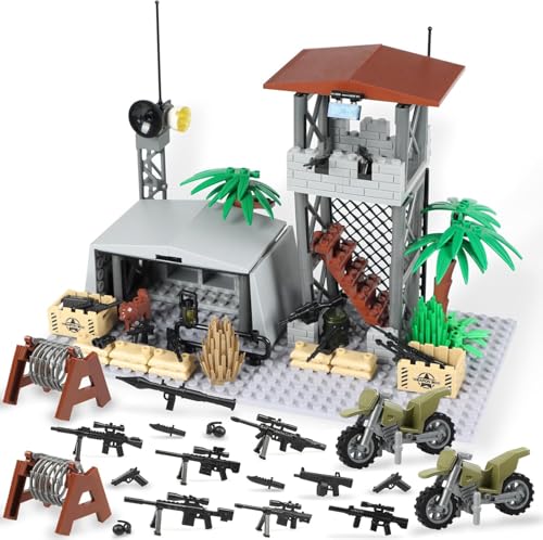 Finger Rock Militärbasis Wachturm Klemmbausteine mit Mini Waffen Kriegszubehör, WW2 Army Militärspielzeuge Architecture Modell, Kreative Ostern Geschenk für Kinder Jugendliche von Finger Rock