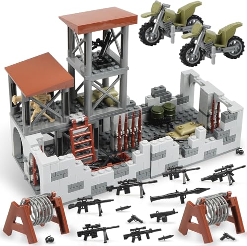 Finger Rock WW2 Militärbasis Klemmbausteine, Outpost Tower Architecture Modell mit Mini Waffen Kriegszubehö, DIY Militärspielzeuge Kreative Ostern Geschenk für Kinder Jugendliche von Finger Rock