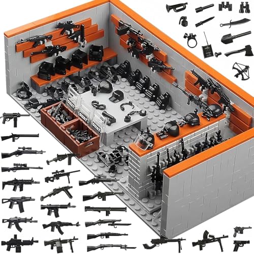 Finger Rock Militär Waffen Lagerhaus Klemmbausteine, WW2 Militärbasis Waffenkammer mit Mini Swat Team Waffenpaket Kriegszubehör, Kreative Militärspielzeuge für Kinder und Erwachsene (611 Stück) von Finger Rock