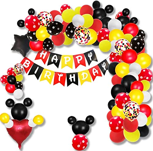 156 Maus Luftballons Girlande Bogen Kit Schwarz Rot Weiß Gelb/Happy Birthday Banner Girlande Bogen und Ballon Maus Mouse Geburtstagsdeko Thema Party Geburtstag Dekoration von Finypa