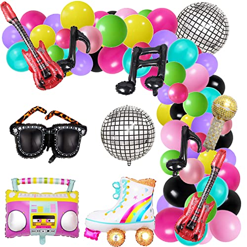 80er Jahre 90er Jahre Party Dekorationen Bundle Radio Boom Box, 139PCS Roller Skate 4D Disco Folie Ballons Retro Handy Gitarre Mikrofon Ballons Girland Bogen Kit Hip Hop Disco Fieber Party Dekoration von Finypa