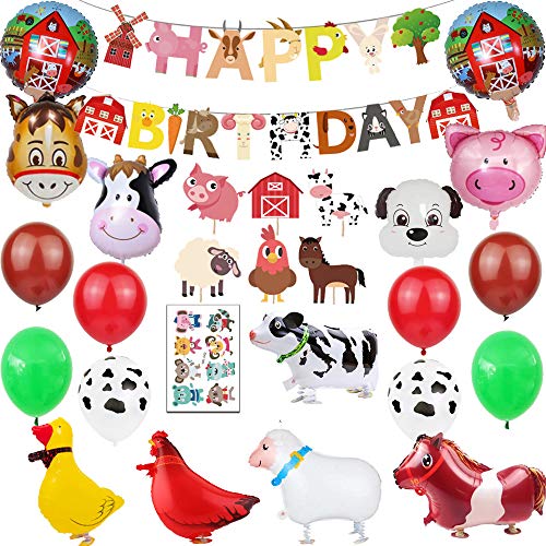 Finypa Bauernhof Tier Partydekorationen Scheunenhof Folienballons und Cupcake Topper (Entenhuhn Kuh Schaf Schwein Esel) Geburtstag Spielzeuge Party Luftballons Dekoration Mädchen Junge von Finypa