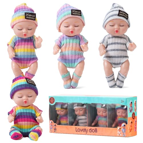 Fiotha Babypuppe, 4 Stück Mini Babypuppen, Puppen, Mini Baby Puppe, Reborn Baby, Waschbares Babypuppen ZubehöR Set, Mini Reborn Puppen, Für Mädchen ab 3 Jahren, Spielzeug Geschenk (Regenbogenserie) von Fiotha