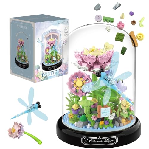 Fiotha Blumen Bauspielzeug Set, Libelle Blumen Mini Baustein Set mit Schutzhülle, Mikro Blumen Bausteine mit Schutzhülle, Blumen Insekten Bausteine, Geschenk für Kinder Erwachsene (568 Teile) von Fiotha