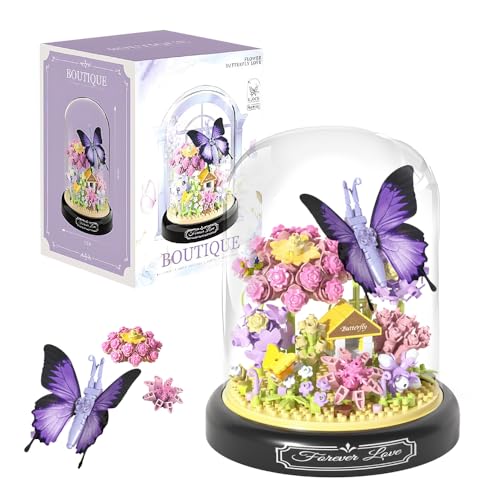 Fiotha Blumen Bausteine Set, Schmetterling Blumen Mini Baustein Set, Blumenstrauß Set, mit Staubdichte Kuppel Und Sockel, Geschenk für Erwachsene Lieber Freundin oder Kinder (582 PCS) von Fiotha