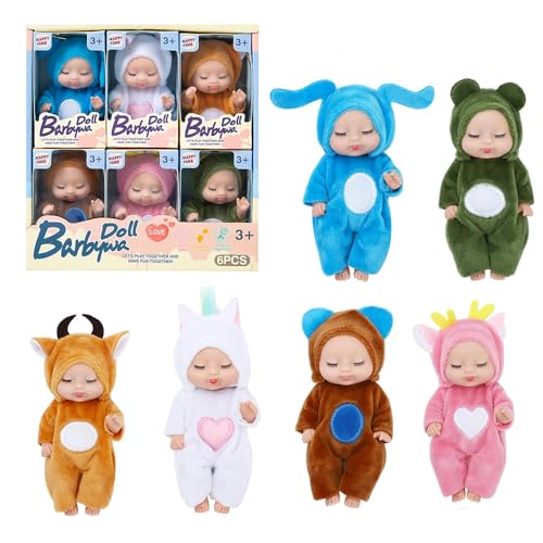 Fiotha Mini Babypuppe, 6 Stück Baby Mini Puppen, Babypuppe, 4,3 Zoll Babypuppe, Newborn Reborn Baby, Puppen und Kleidung Set, für Mädchen, Kleinkinder und Kinder ab 3+ Jahren (Tierserie) von Fiotha