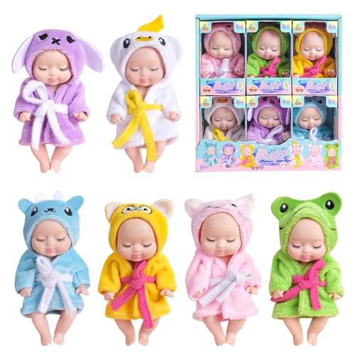 Fiotha Mini Reborn Puppen, 6 Stück Babypuppe, Mini Baby Puppe, Realistische Babypuppe, 4,3 Zoll Puppe und Kleidung Set, Realistische Babypuppe, Für Kinder ab 3+ Jahren (Bademantelserie) von Fiotha