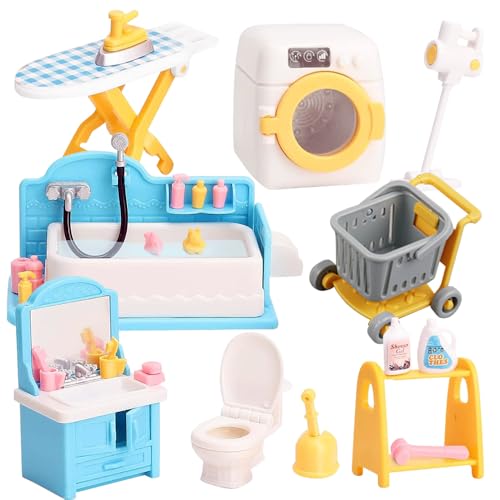 Fiotha Puppenhaus Möbel Set, 1/12 Miniatur Badezimmer Set, Miniatur Möbel, 28-Teilig Badezimmer und Wäsche Zubehör Set, Badewanne, Waschbecken, für Jungen, Mädchen und Kleinkinder 3+ Jahren von Fiotha