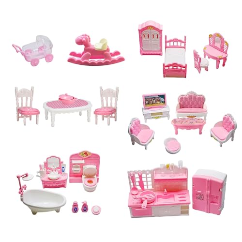 Fiotha Puppenhaus Möbel Set, 34 Teiliges Puppenhaus Zubehör, Küchen und Wohnzimmer Set, 1/12 Miniatur Badezimmer Set, Kunststoff, Spielzeug für Jungen, Mädchen und Kleinkinder ab 3 Jahren, Rosa von Fiotha