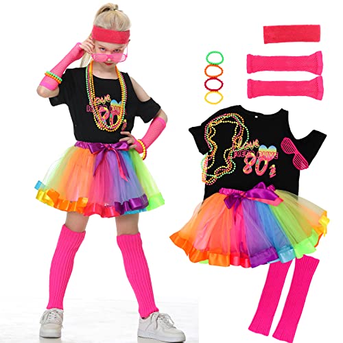 Firecos 80er Jahre Kostüm für Kinder Cosplay Thema Anzug Fancy Kleid 80er Jahre Outfit Kleid Zubehör Set mit Kurzarm Tutu Rock für Party Dress up für Mädchen (130CM) von Firecos