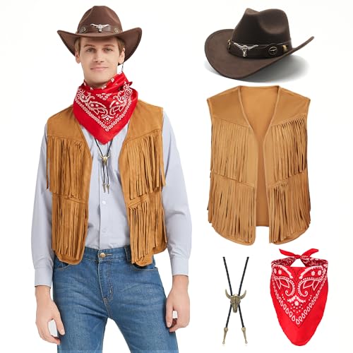 Firecos Cowboy Kostüm Herren Western Cowboy Cosplay Fransenweste mit Hut Halstuch Vintage-Halskette für Karneval Hippie Kostüm Set für Erwachsene (Khaki, L) von Firecos