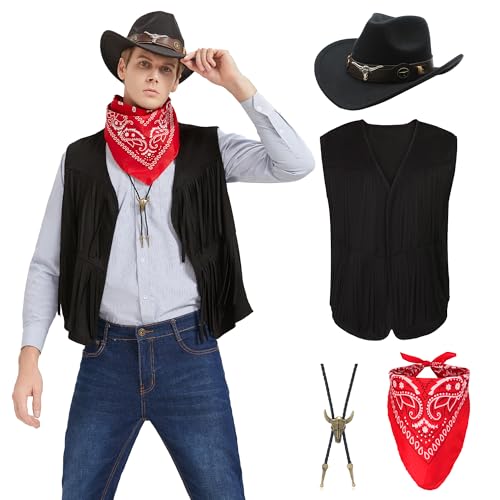 Firecos Cowboy Kostüm Herren Western Cowboy Cosplay Fransenweste mit Hut Halstuch Vintage-Halskette für Karneval Hippie Kostüm Set für Erwachsene (Schwarz, L) von Firecos