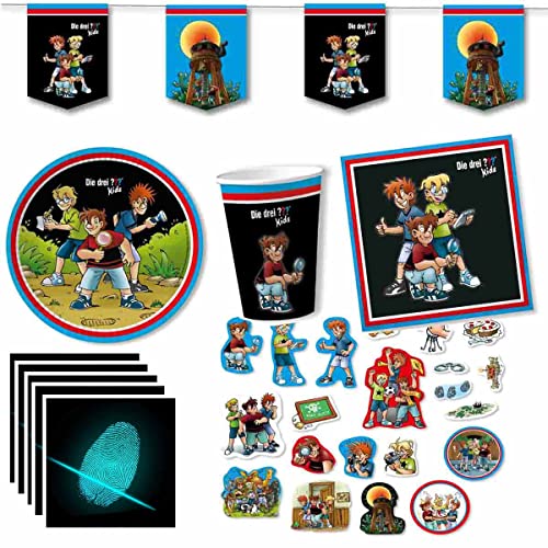 Partyset Die Drei ??? Kids für 10 Kinder mit Fingerabdruck-Sticker // Kindergeburtstag Drei Fragezeichen Partyzubehör von Firlefantastisch