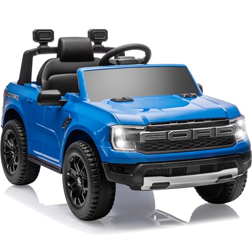 First Ride On 12 V Kinder Elektrofahrzeuge, lizenzierter Ford Ranger Raptor Kids Ride on Truck mit Fernbedienung, Fahrt auf Auto für Kinder mit sanftem Start, LKW-Bettaufbewahrung, Bluetooth (Blau) von First Ride On