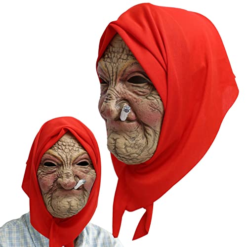 Firulab Oma Kopfbedeckung,Alte Frauen Latex Kopfbedeckung mit rotem Turban | Visible Party Supplies Cosplay Prop für Erwachsene, Kinder, Kinder, Jungen, Mädchen von Firulab