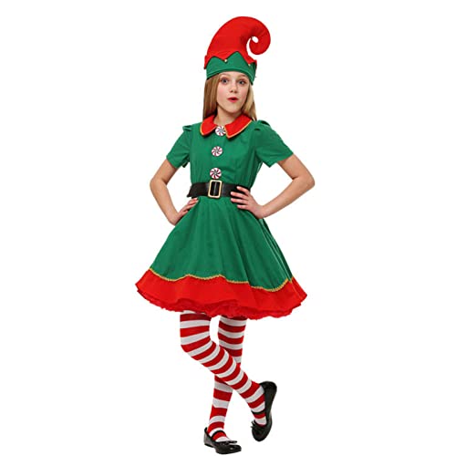 Firulab Weihnachtself Kostüm Kinder Erwachsene, komplette grüne Elf Weihnachts-Cosplay-Kostüm-Outfit, grüne Elfenkleidung Eltern-Kind-Kostüme Santa's Helfer Cosplay für Party von Firulab